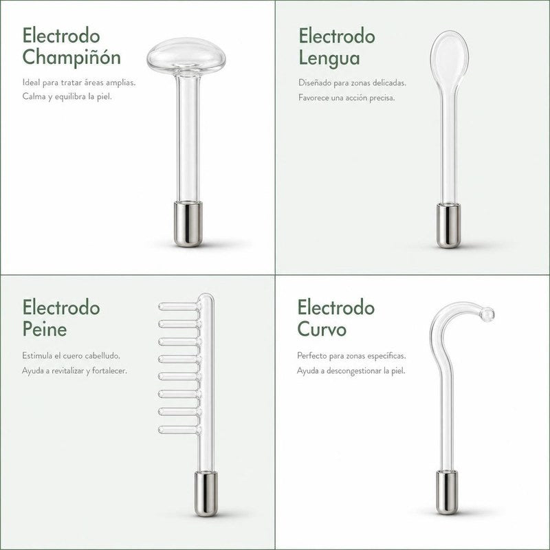 Los 4 electrodos de SkinPulsePro: champiñón, lengua, peine y curvo